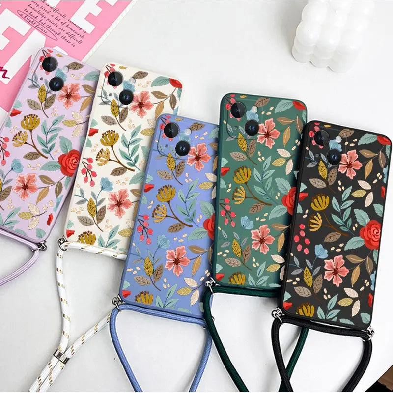 Five Petals Flower Crossbody Lanyard Silicone Phone Case For iPhone 13 15 12 14 11 Pro Max Mini X XR XS 8 7 6 6S Plus Cover