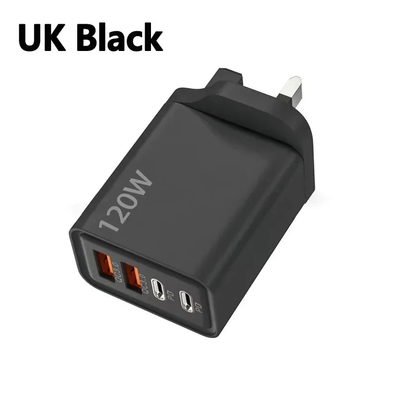120W 4-Ports USB Type-C Charger Fast Charging Data Cable USB Phone Charger Adapter For Xiaomi IPhone17 16 15 Huawei Wall Charger