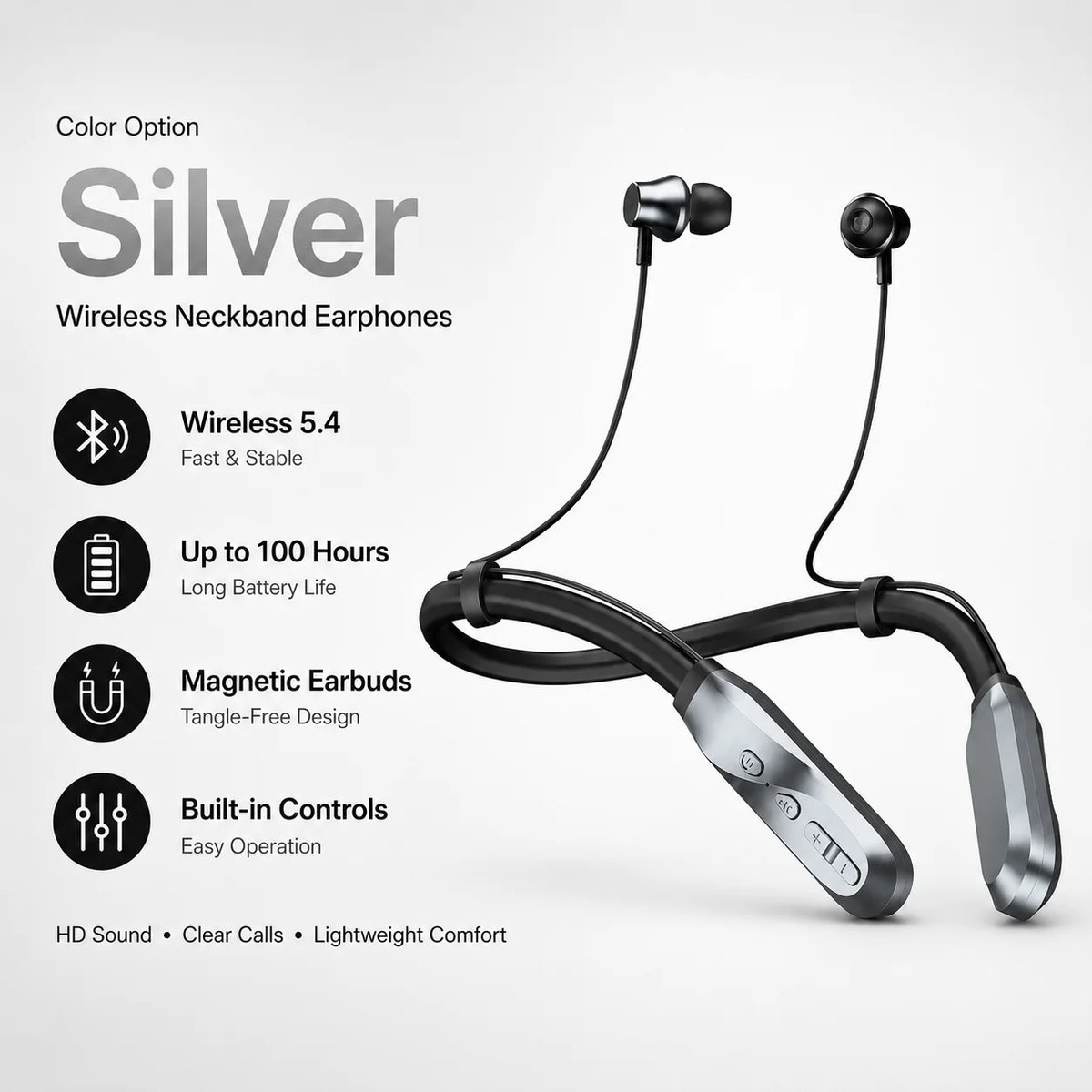 Bluetooth 5.4 Neckband Wireless Earbuds with Mic, 100H Standby Stereo Magnetic Sports Headphones for Running, Gym, Travel, Phone
