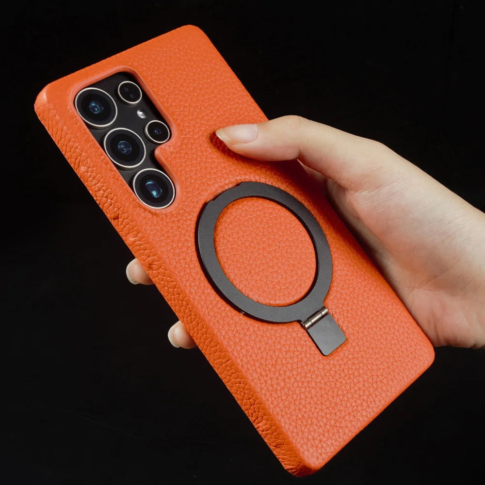 Magnet Ring Stand Phone Case For Samsung Galaxy S25 Ultra S24 S23 S22 S21 S20FE Cover Genuine Leather Case Magnetic Back Cover