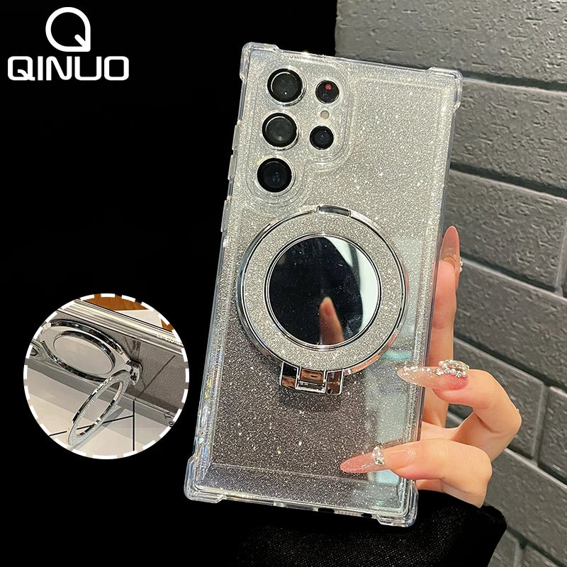 Glitter Magnetic Mirror Stand Holder Case For Samsung S24 S23 S22 S21 S20 Note 20 10 Ultra Plus FE For Magsafe Shockproof Cover