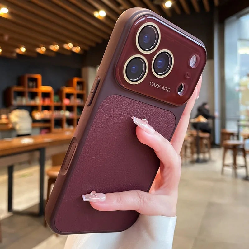 Luxury Litchi Leather Case for iPhone 17 16 15 14 Pro Max iPhone 13 Glass Large Window Shockproof Armor Bumper Plating Cover