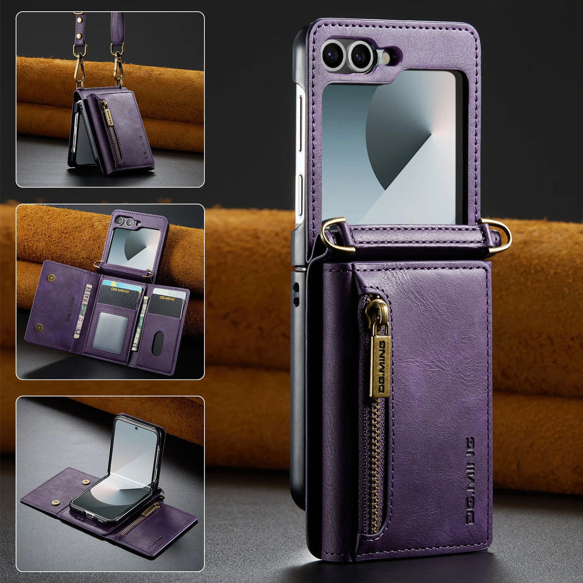 2 in 1 Luxury Leather Flip Phone Case For Samsung Galaxy Z Flip 8 7 6 5 4 3  Magnetic Wallet Card Solt Zipper Lanyard Cover ﻿