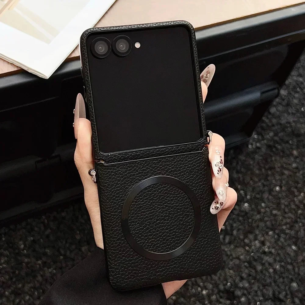 Original Lychee Pattern Leather for Magsafe Wireless Charging Case for Samsung Galaxy Z Flip 8 7 6 5 Strap Anti-drop Slim Cover
