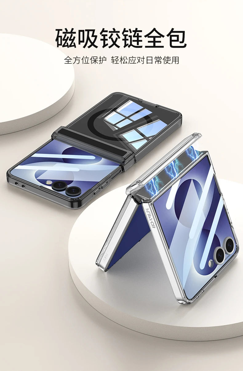 For Samsung Galaxy Z Flip 8 Case Transparent Magnetic Wireless Charging Hinge With Mirror Film Shockproof Back Cover Accessories