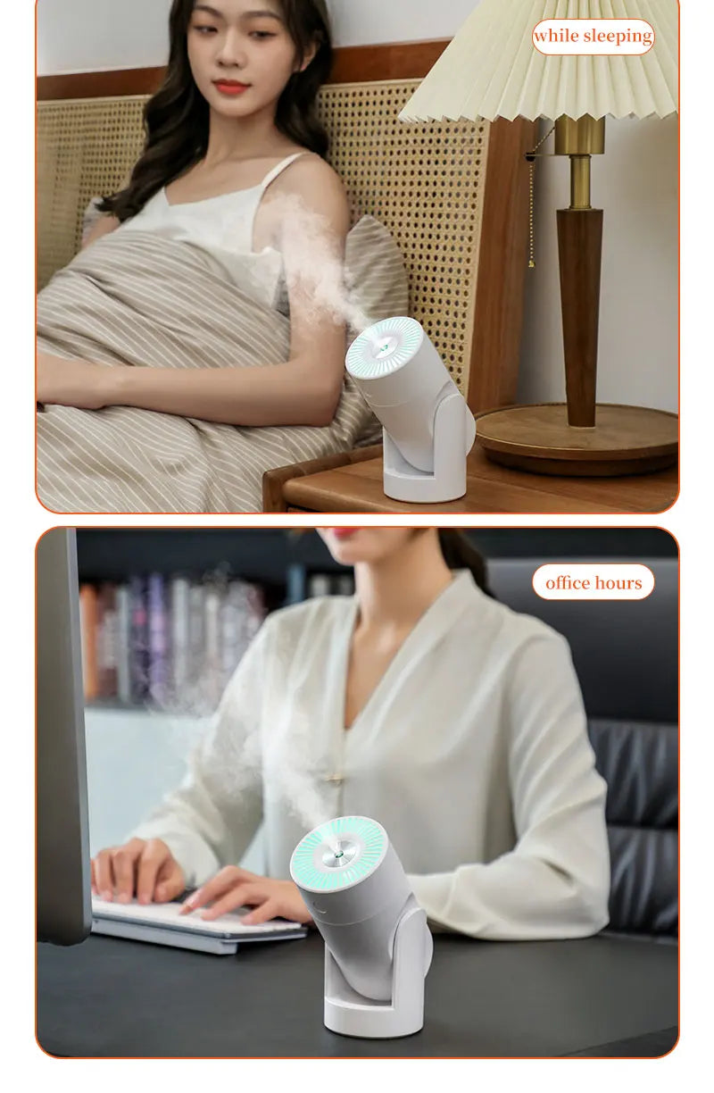 "360° Oscillating Humidifier & Air Purifier: Smart Desktop Mist Control with Ultra-Quiet USB Operation"