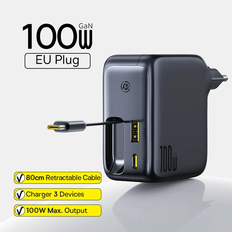 Baseus 67W 100W Fast Charger GaN Charger USB C Retractable Cable Phone Charger For iPhone Samsung Laptop Charger PD QC Charger