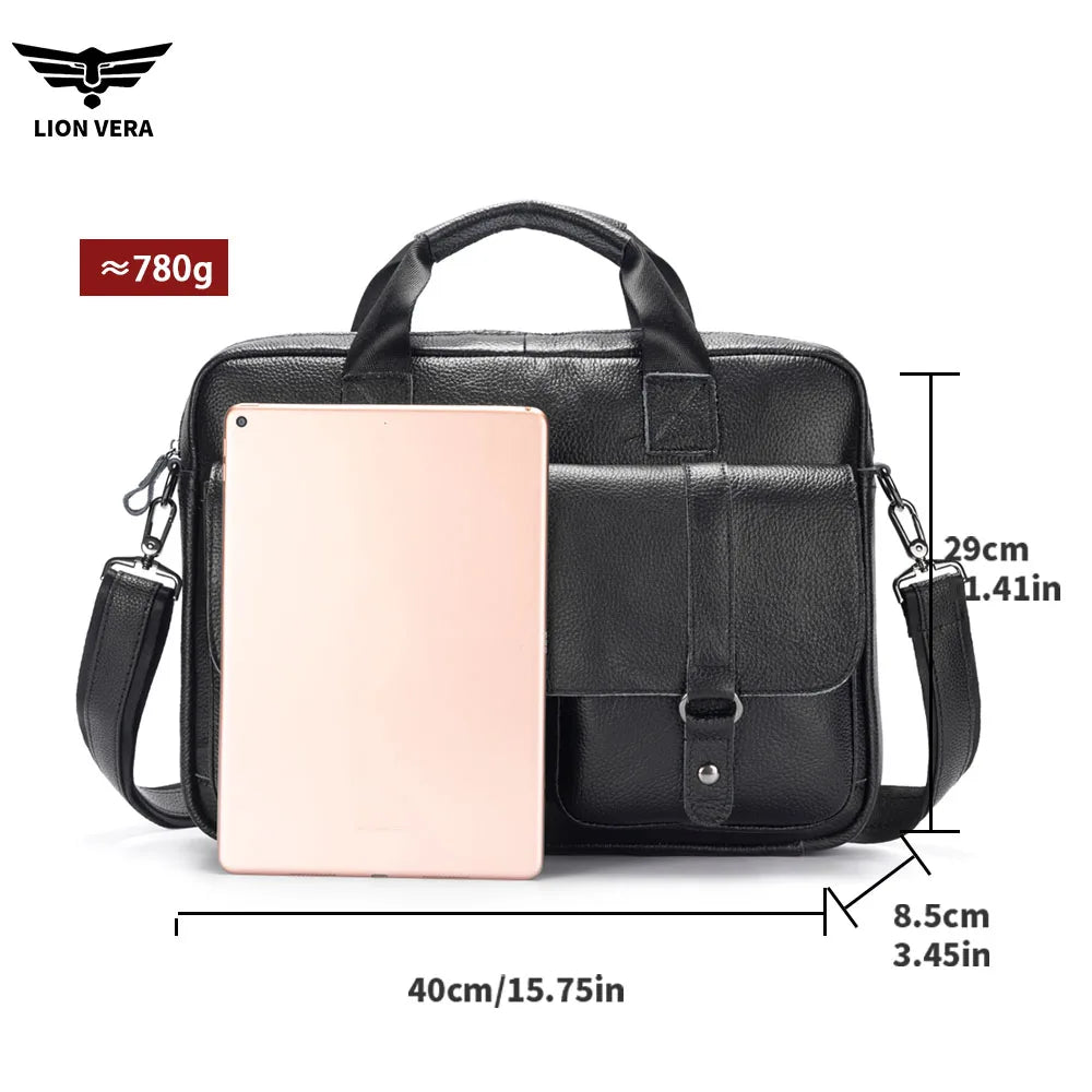 LION VERA Men's Genuine Leather Briefcase Business Casual Commuting Bag Portable Crossbody Shoulder Bag 15.7-inch Laptop Bag