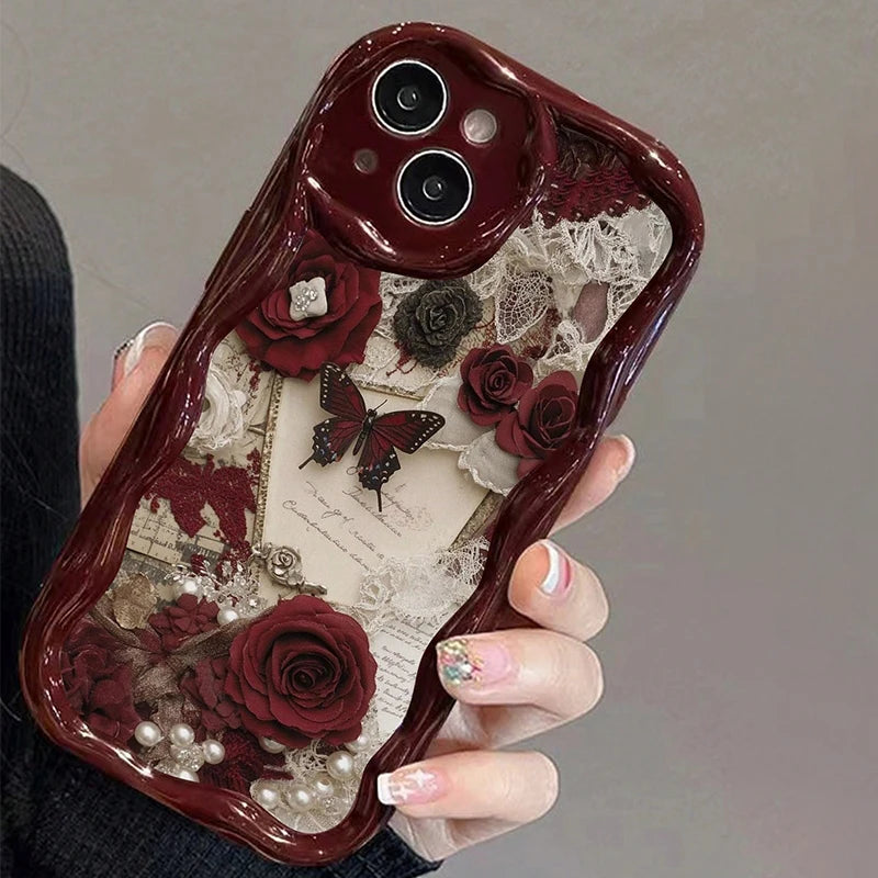 Butterfly Painted Flat Printing Wine Red Cream Texture Soft Phone Case For iPhone 17 16 15 14 13 12 11 Pro Max 16 Plus 17e Cover