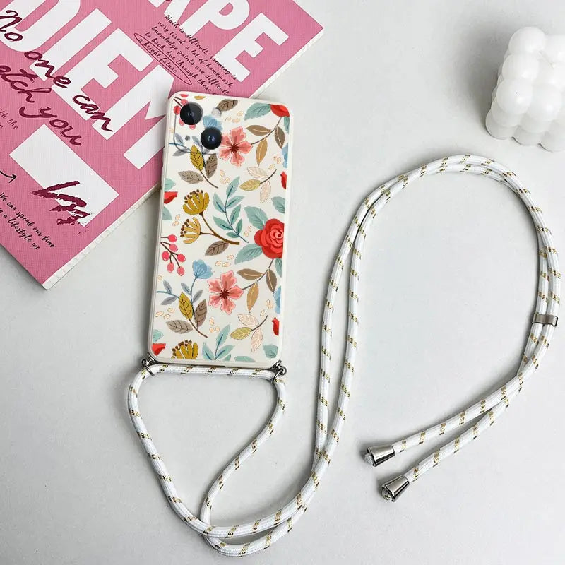 Five Petals Flower Crossbody Lanyard Silicone Phone Case For iPhone 13 15 12 14 11 Pro Max Mini X XR XS 8 7 6 6S Plus Cover