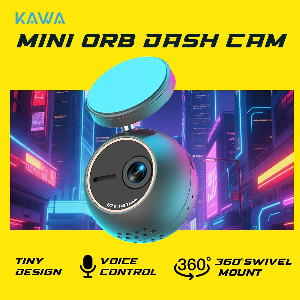 Dash Cam KAWA MINI ORB Tiny Video Recorder 2K Car DVR,Voice Control Car Camera,360° Rotate,180° Video Flip AUTO Dash Camera