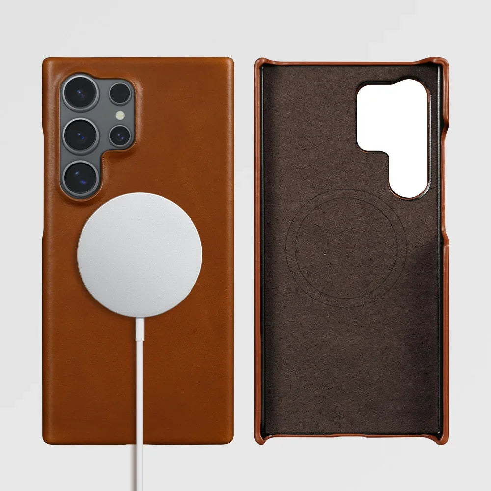 For Samsung S26 Ultra Case Magnetic Magsafe Oil Wax Genuine Leather Phone Cases For Galaxy S25 S24 S23 S22 Cover Wireless Charge