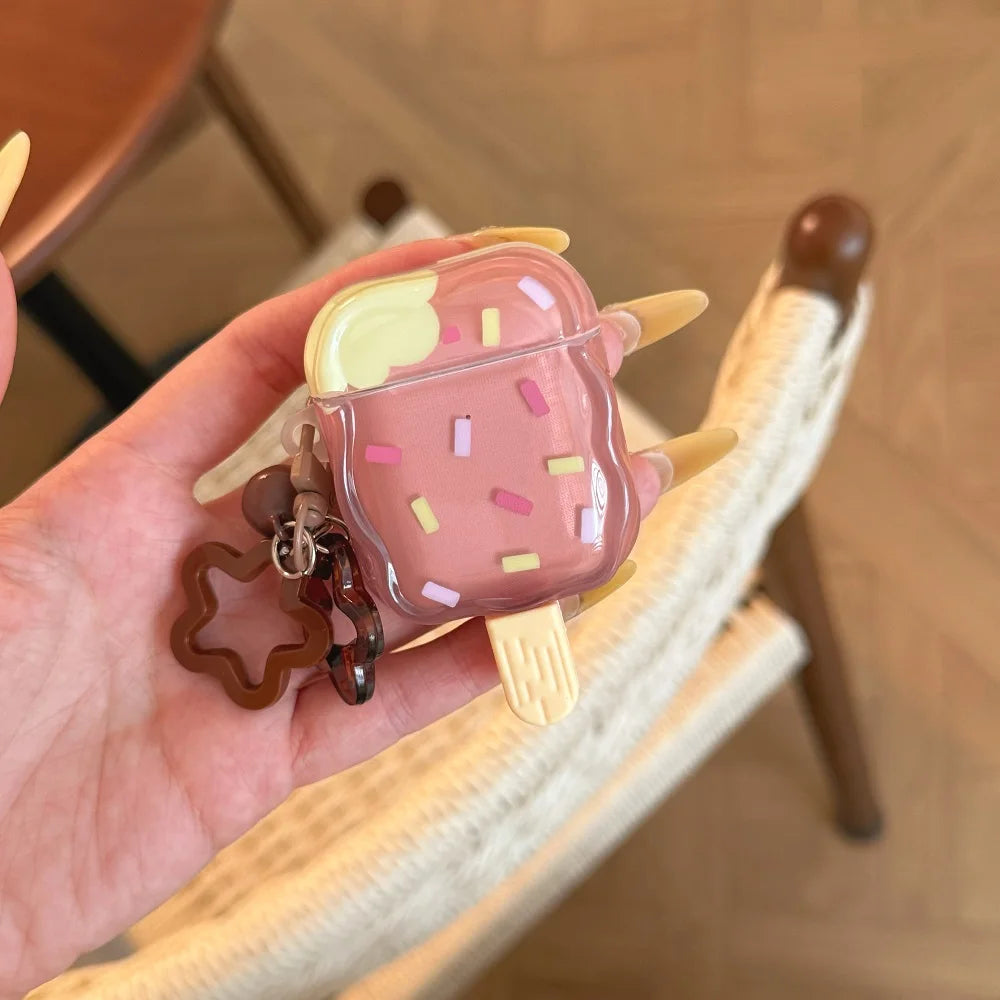 Cute Wavy Edge Ice Cream Earphone Case For AirPods 1 2 3 4 Pro 2 Bluetooth Headphone Charging Box Protective Cover With Pendant