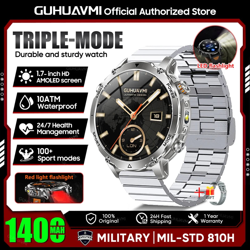 2026 New TANK Ultra 1400mAh Battery Military Smart Watch 10ATM Waterproof Heart Rate Tactical LED Flashlight Men Sports Bracelet