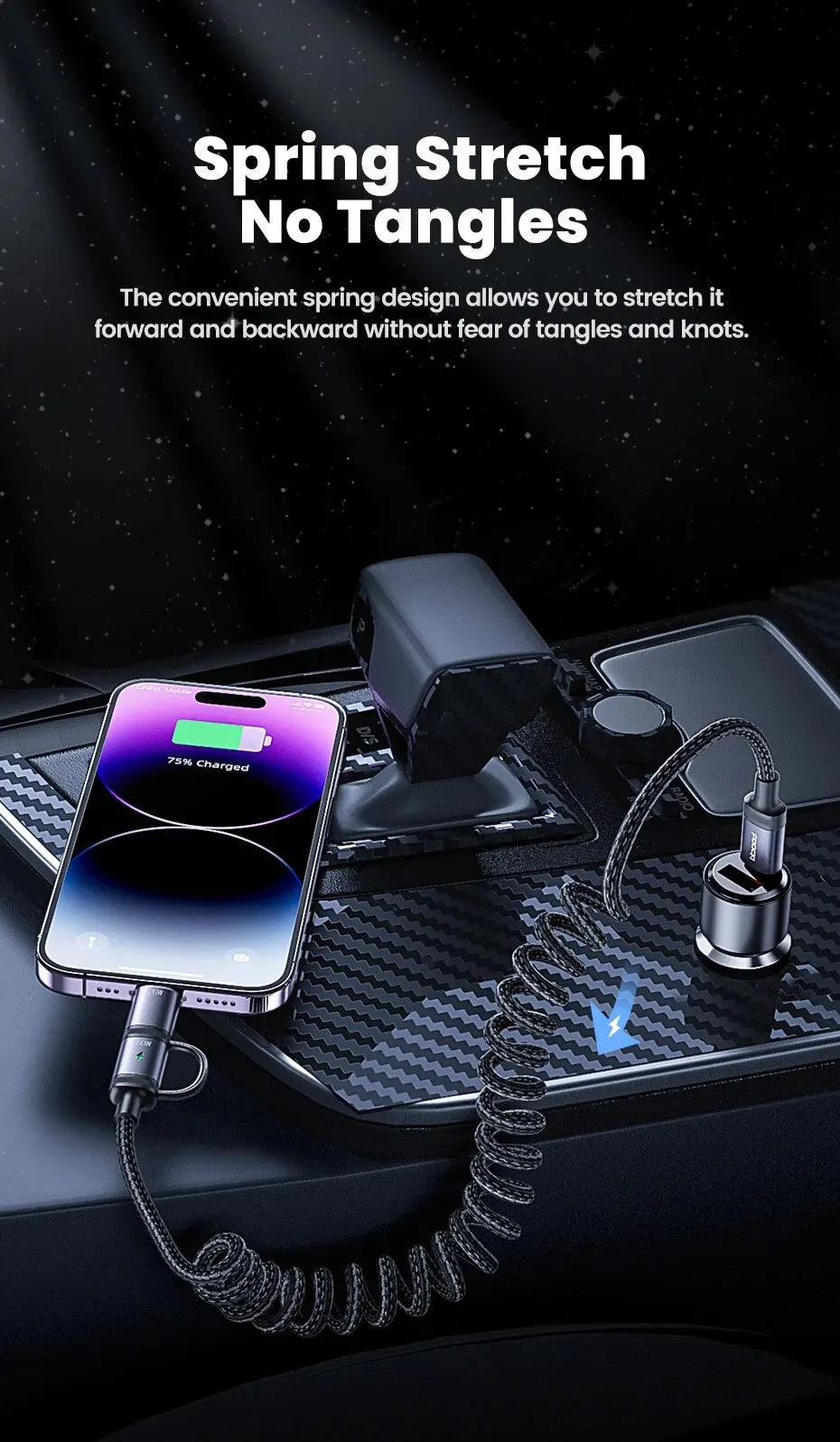 Toocki 2 in 1 PD 60W Type C Cable For iPhone 15 Pro Samsung S23 Xiaomi 2.4A Fast Charging USB Car Spring Cable For iPhone 14 13