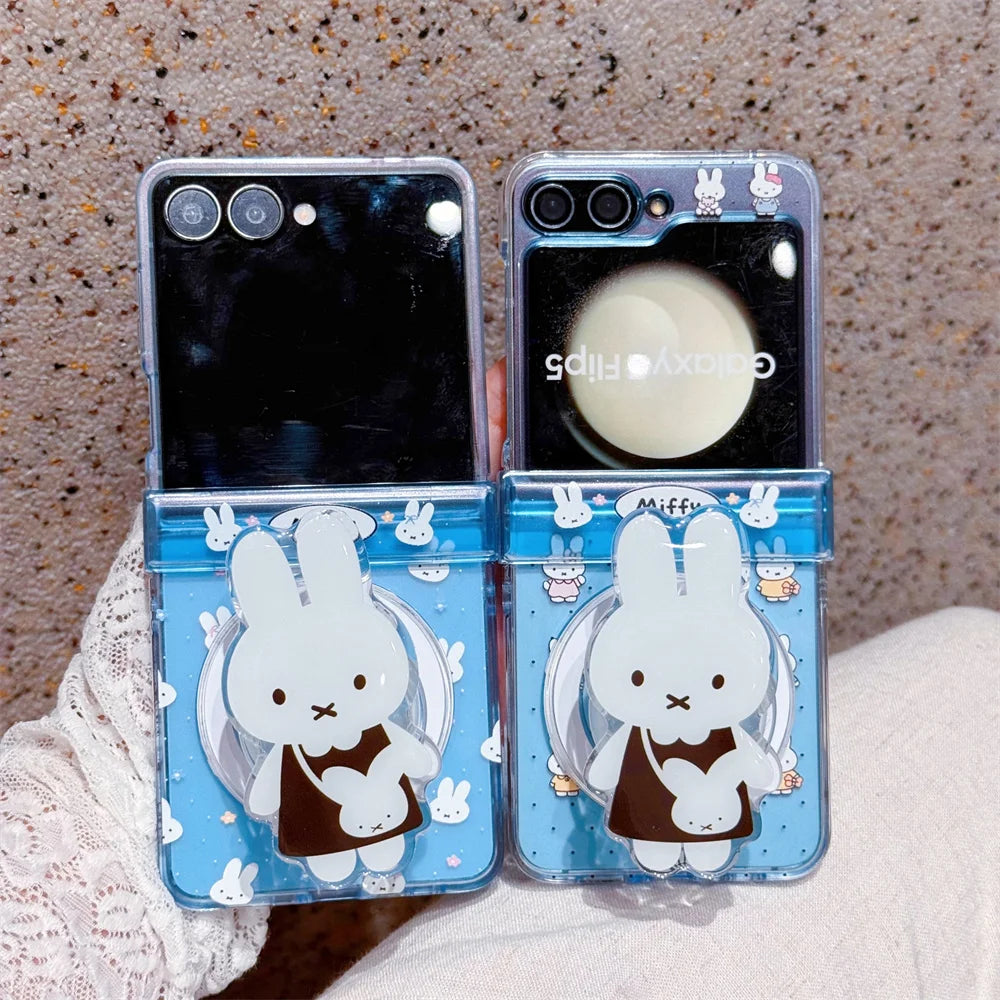 Cute polka dots Miffy Clear Folding Phone Case For Samsung Z Flip 8 7 6 5 4 3 flower Cartoon Miffy protect Cover Wrist Strap﻿﻿﻿﻿