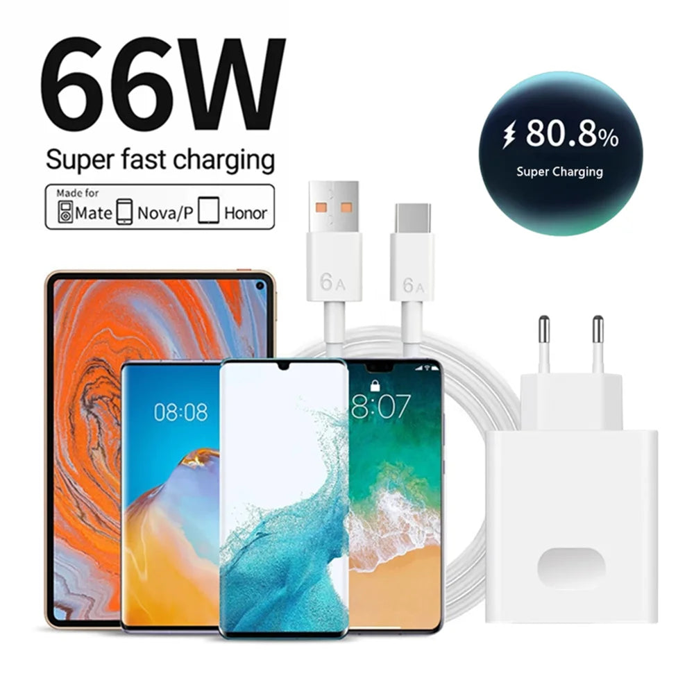USB Fast Charger 66W Fast Charging QC3.0 EU/US Plug Wall Adapter 6A USB To Type C Cable For Huawei Mate 50 60 Nova 10 Honor 100