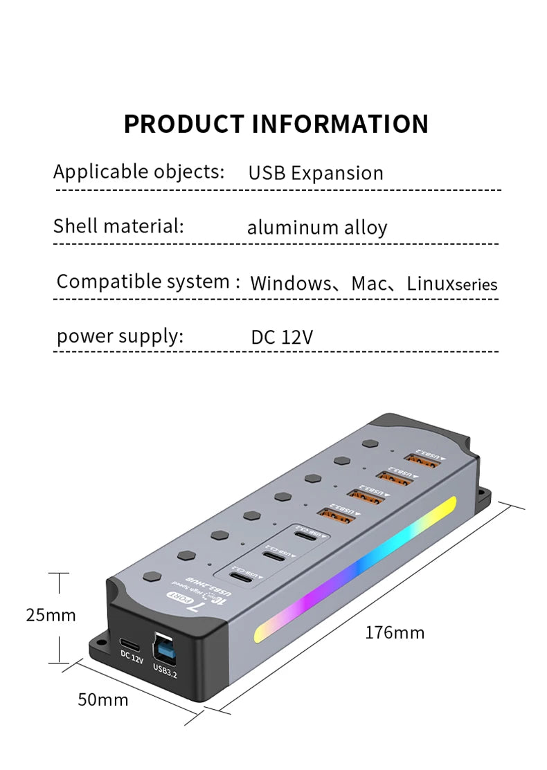 7Port USB 3.2 USB-C Hub 10Gbps USB-A USB-C Ports Splitter Individual Switches 12V US/EU Power Adapter Expander for Laptop PC