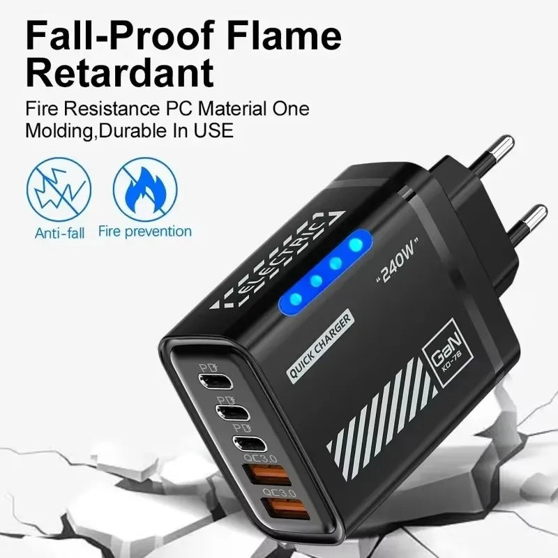 240W QC3.0 PD 5 Ports GaN Fast Charger US/EU Plug Phone Charging Head Adapter with LED Light for iPhone Samsung Huawei Xiaomi