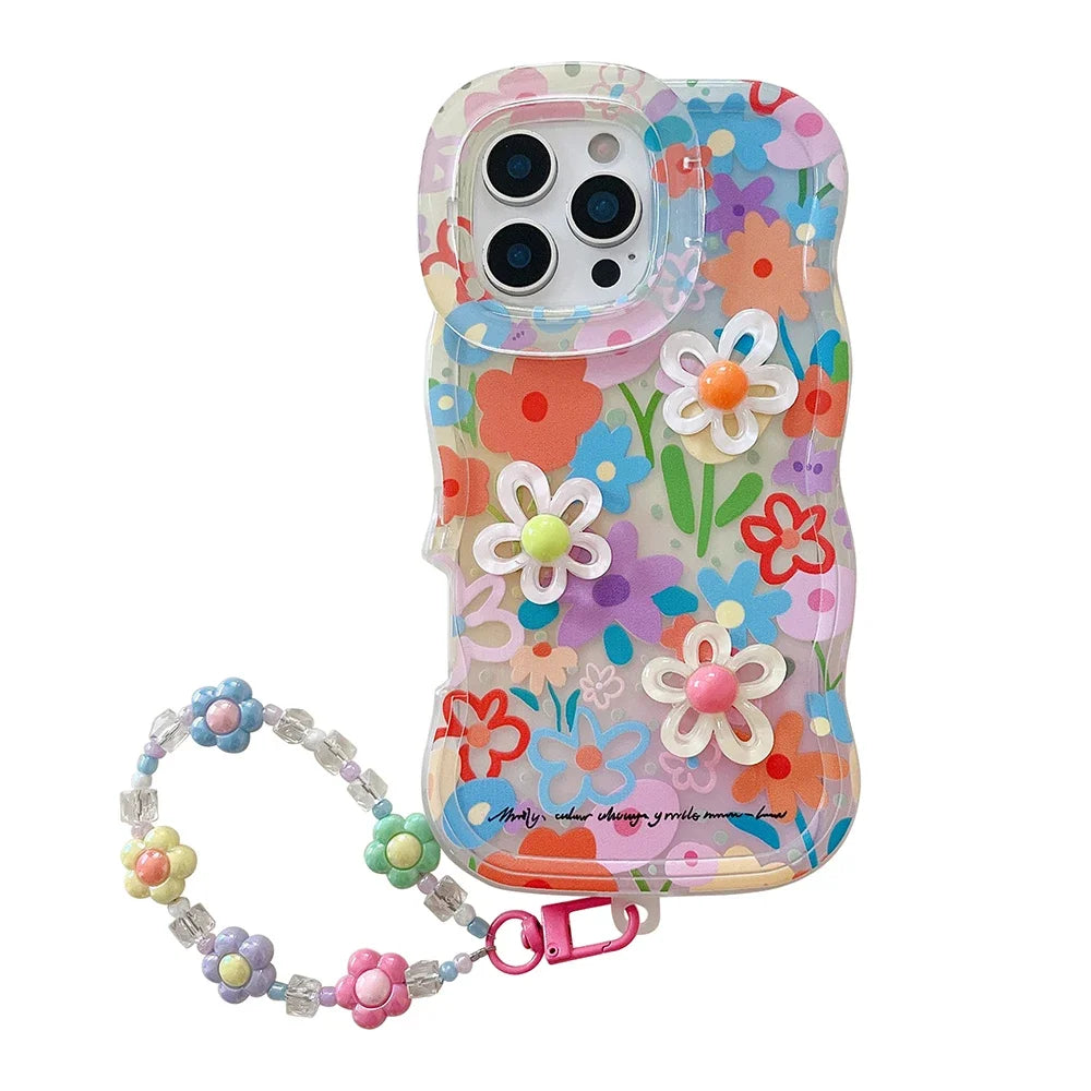 Bead Bracelet Chain Phone Case For iPhone 16 17 15 14 13 11 12 Pro Max Plus 3D Flower Bracket Holder Stand Lanyard Cover