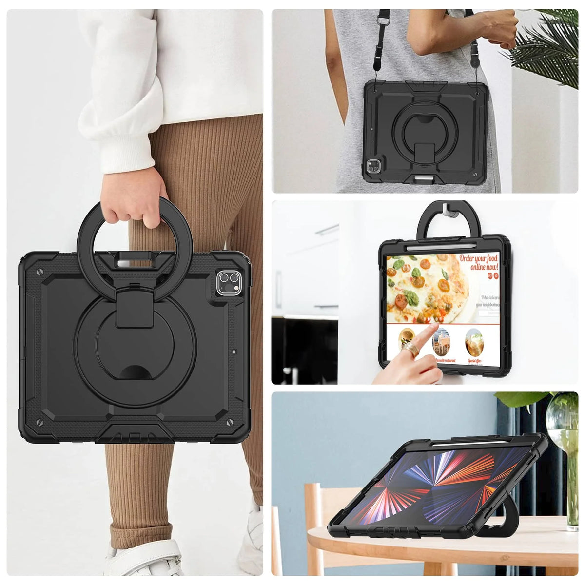 for iPad Pro 12.9'', Military Grade Shockproof Protective Silicone Cover 360 Folding Handle Grip + Handle Shoulder Strap