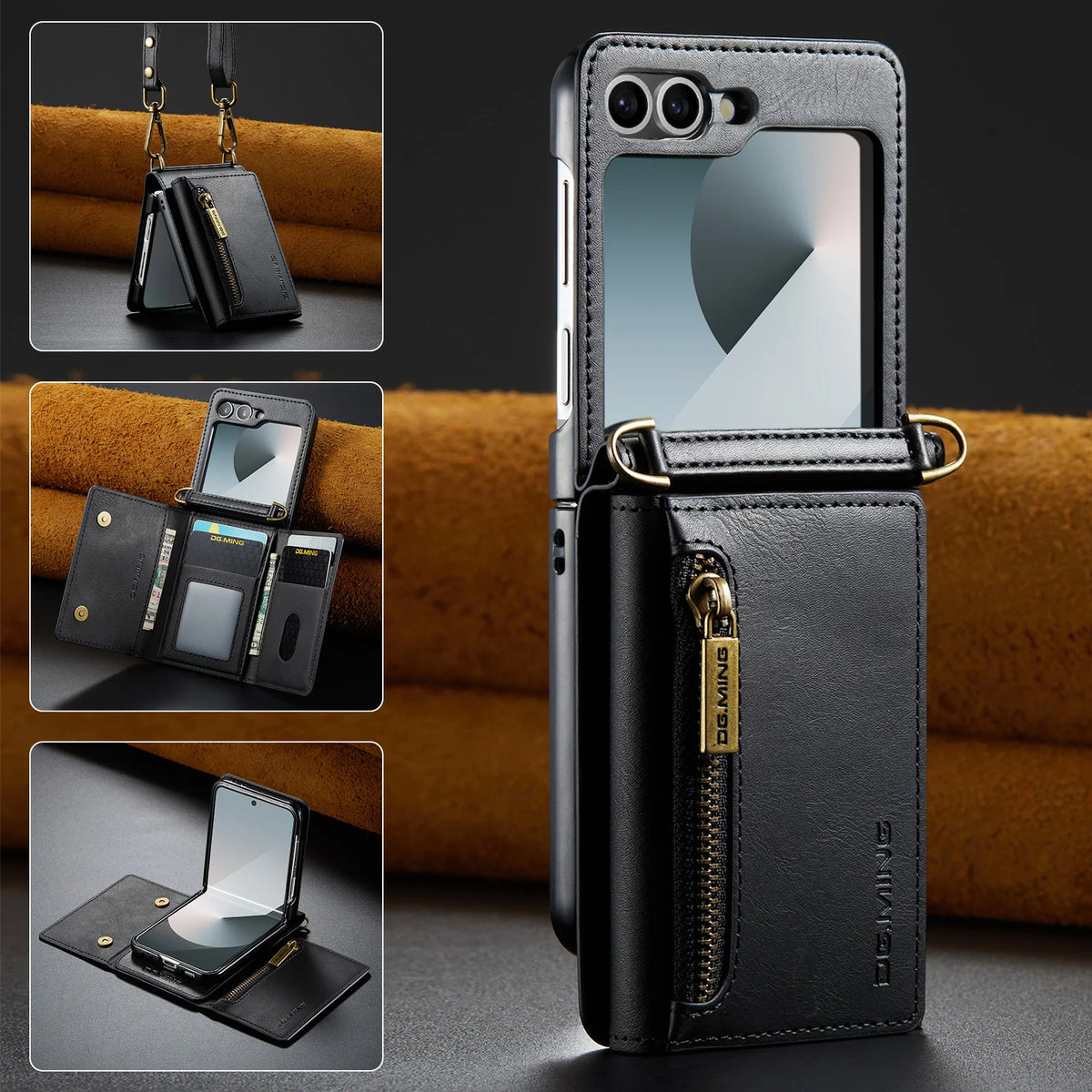 2 in 1 Luxury Leather Flip Phone Case For Samsung Galaxy Z Flip 8 7 6 5 4 3  Magnetic Wallet Card Solt Zipper Lanyard Cover ﻿