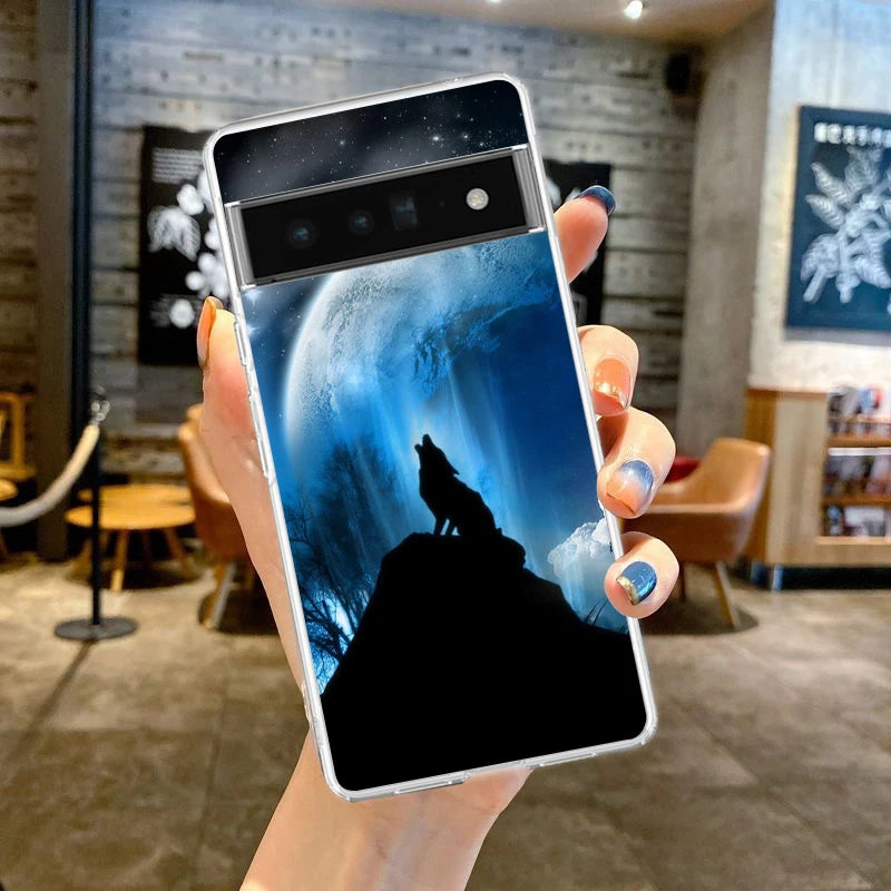 Phone Case Cover for Google Pixel 10 9 8 7 6 5 4 4XL Soft TPU 7A 6A 5A 4A 3A Pro XL 5G Transparent Shell Moon Roaring Wolf Capas