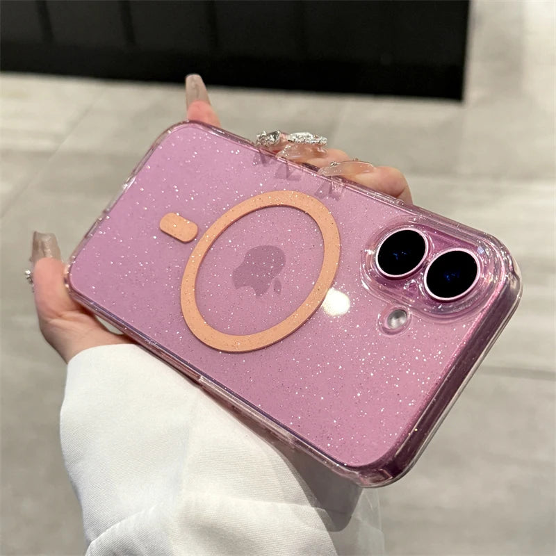 Luxury Glitter For Magsafe Transparent Case For iPhone 13 14 15 16 17 Pro Max Air Plus Magnetic Wireless Charge Soft Bling Cover
