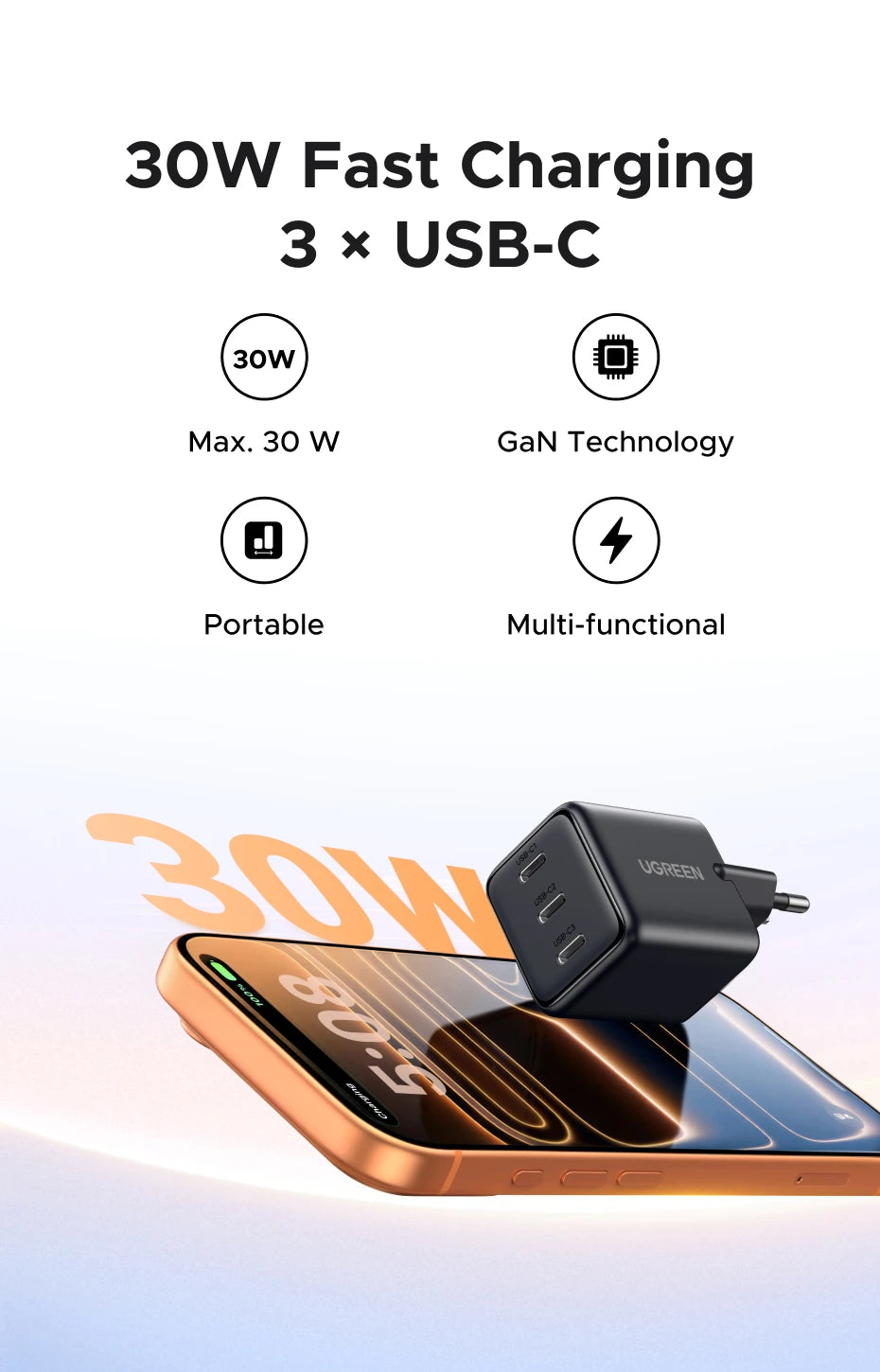 UGREEN 30W GaN Charger PD 3.0 UFSC PPS For iPhone 17 16 15 Pro Max Samsung S25 Xiaomi Tablet iPad Air Pro 3 USB C Phone Charger