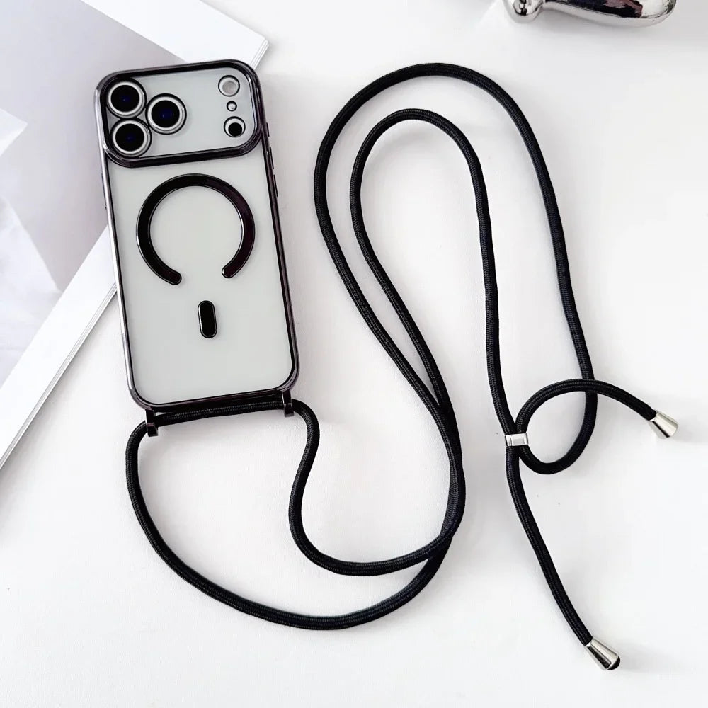 Luxury Necklace Cord Rope Lanyard Plating Magnetic Clear Phone Case For iPhone 17 Air 16 14 12 13 15 Pro Max For Magsafe Cover