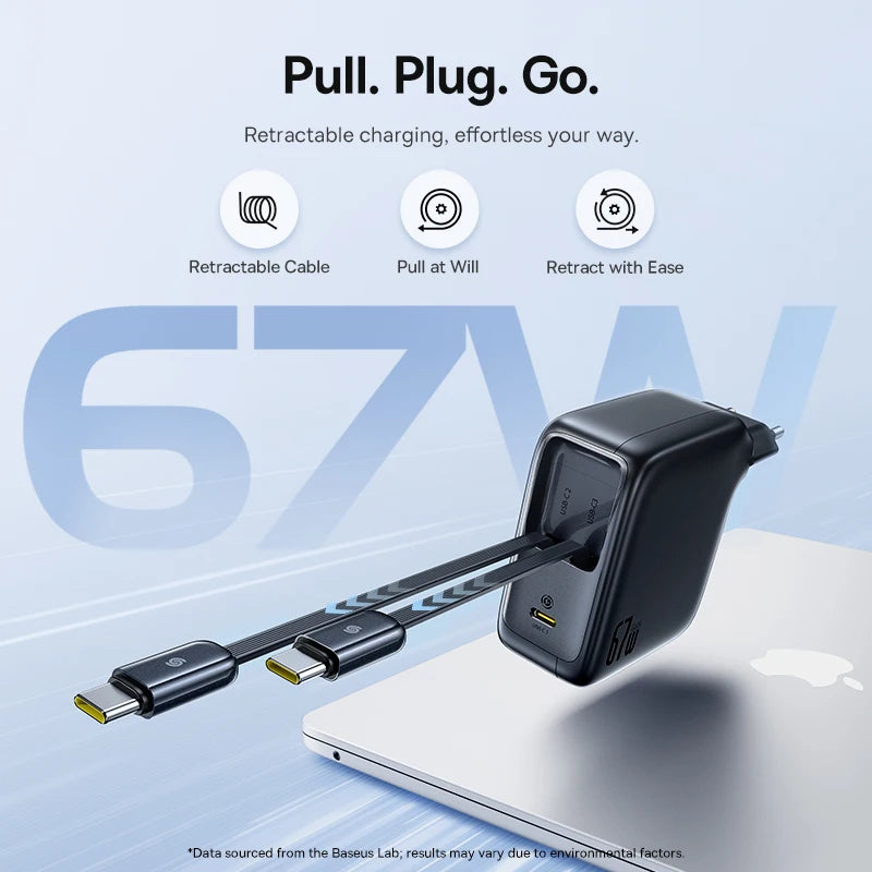 Baseus 67W 100W Fast Charger GaN Charger USB C Retractable Cable Phone Charger For iPhone Samsung Laptop Charger PD QC Charger