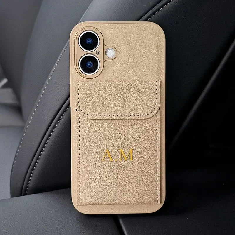 Personalised Customized Name DIY Case For iPhone 17 16 15 14 13 12 11 Pro Max Xs Max Air Luxury Leather Card Holder Cover Funda