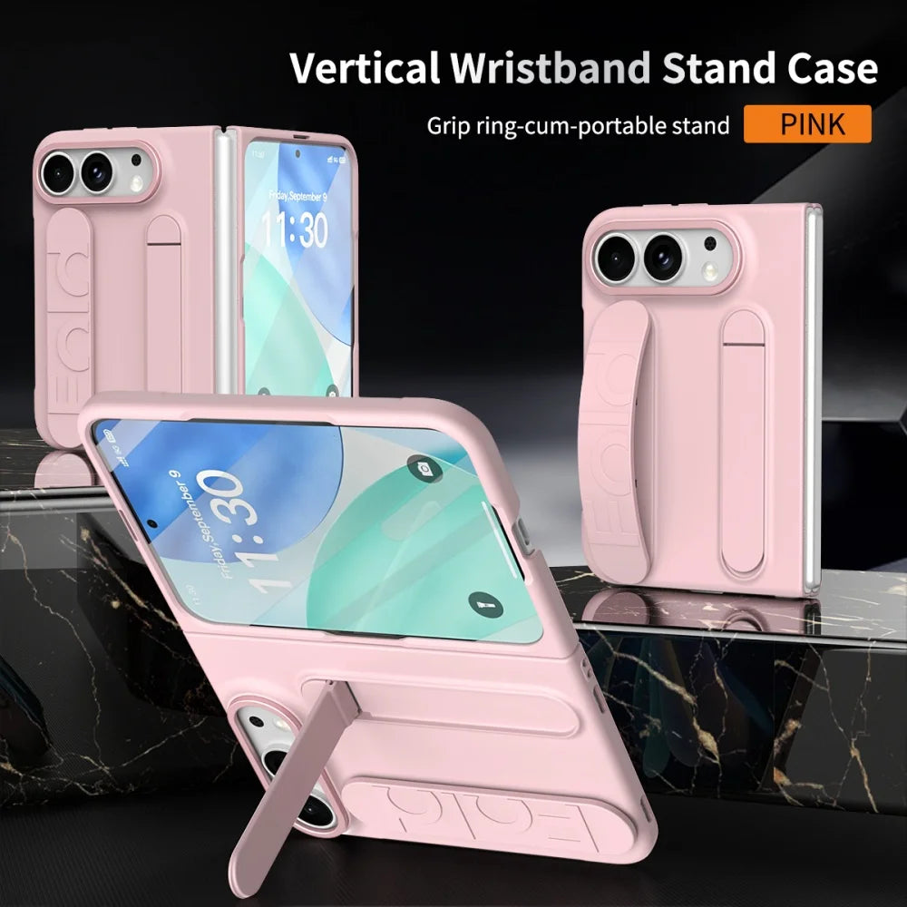 For iPhone Duo Cases Luxury Wristband Folding Bracket Case for iPhone Duo 2026 Fold Wrist Strap Built-in Screen Protector Cover