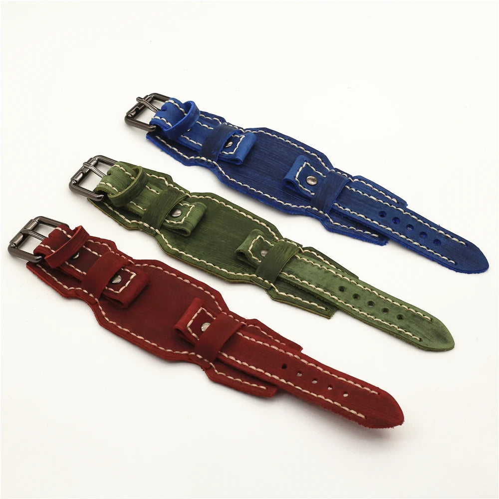 24mm Genuine Leather Watchband Handmade Stitched Pin Belt Punk Vintage WatchStrap Homme Men Jewelry