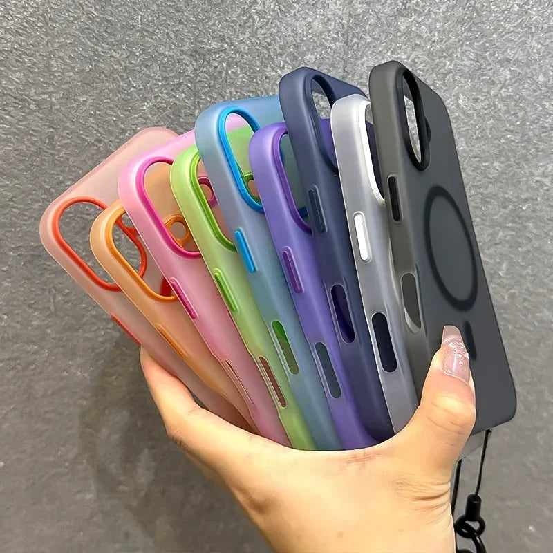 for Magsafe Candy Color Contrast Lanyard Case for iPhone 16 15 14 11 12 13 Pro Max Plus 16e Hand Wrist Strap Matte Soft Cover