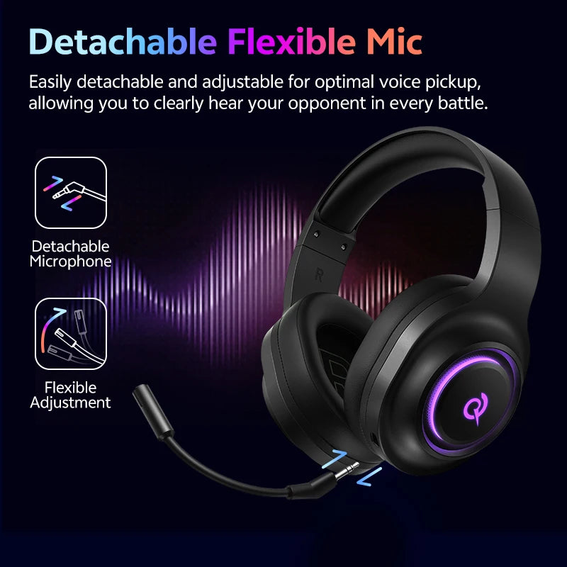 QCY Heroad V200 Gaming Headset Bluetooth 6.0 with Mic 50mm Driver 7.1 Surround Sound RGB Over Ear Headphones for PC Laptop PS4/5