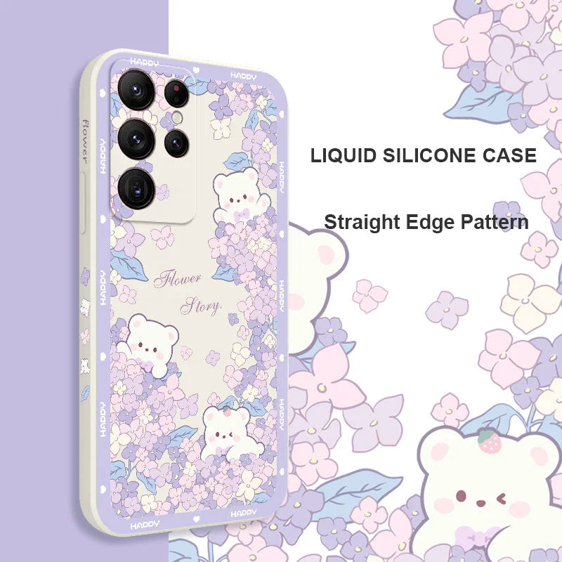 Flower Bush Bear Phone Case For Samsung Galaxy S25 FE S24 S23 S22 S21 S20 Ultra Plus FE S10 Note 20 Ultra 10 9 Plus Cover