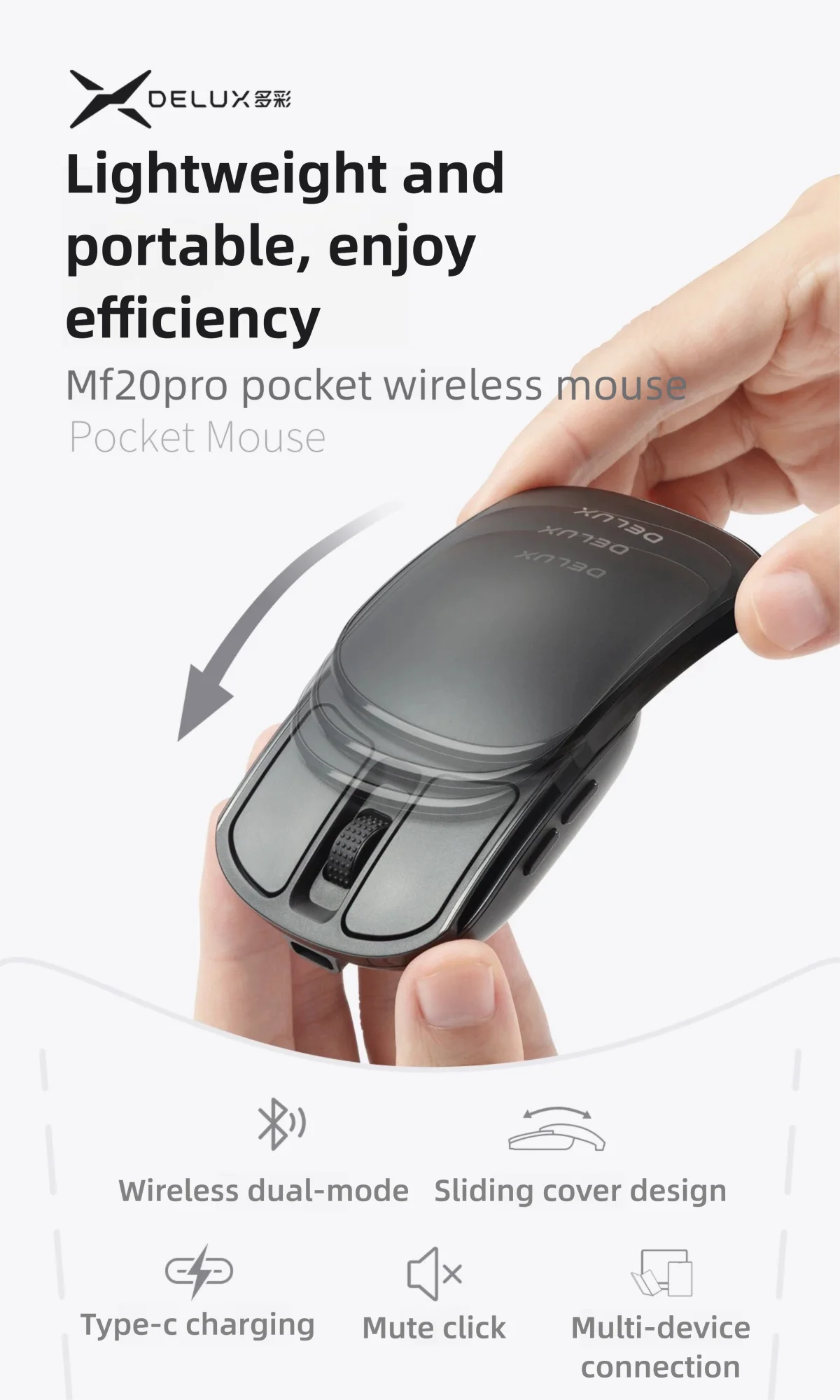 Delux Pocket Folding Mouse Wireless 2.4G Bluetooth5.2 Silent Click Portable Ultra-light 55g for MacBook Tablet Computer PC Mice