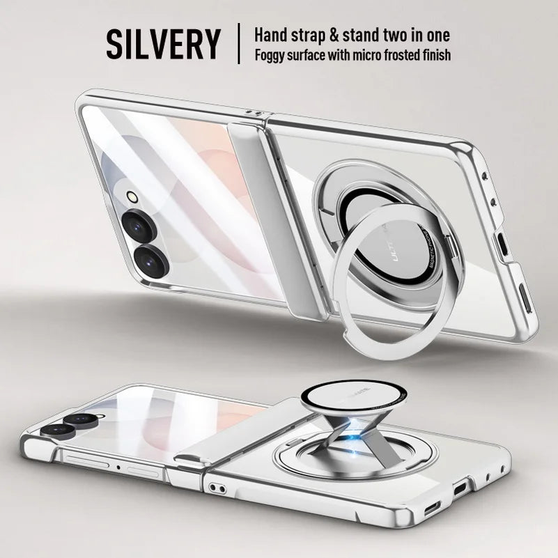Premium Transparent Magnetic Snap-back Wristband Phone Case For Samsung Galaxy Z Flip 8 With Glass Screen Hinge Protection Cover