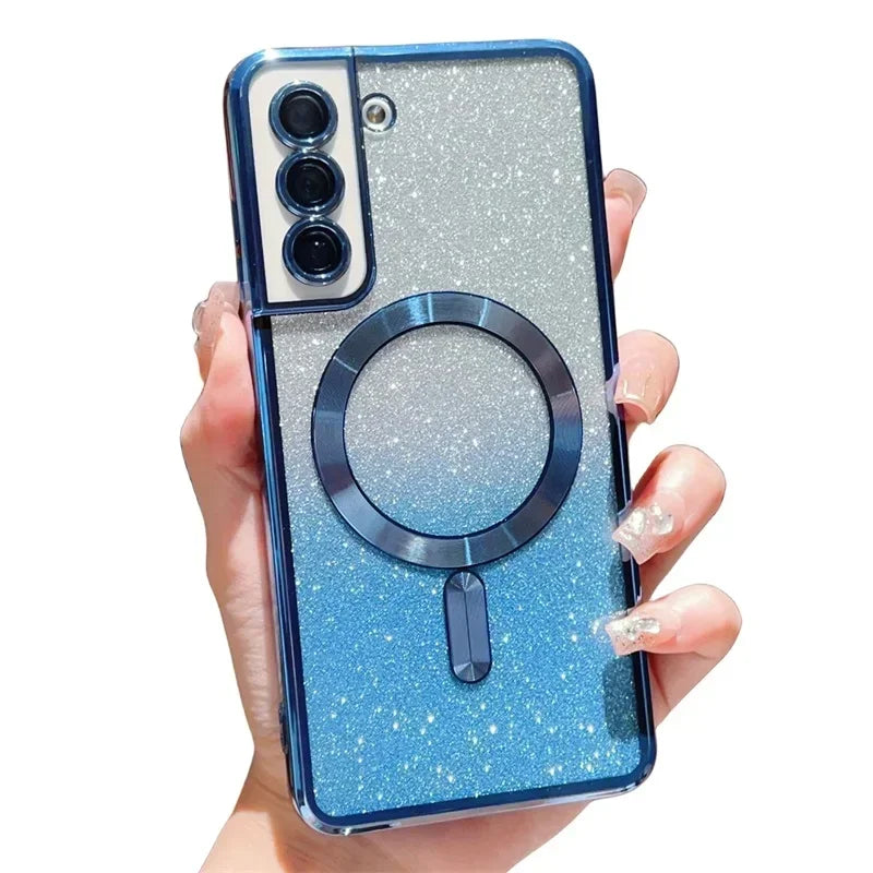 Glitter Magnetic Case For Samsung Galaxy S26 S24 Ultra S23 S22 S21 Plus S20 FE A56 A55 A36 Plating Wireless MagSafe Bright Cover