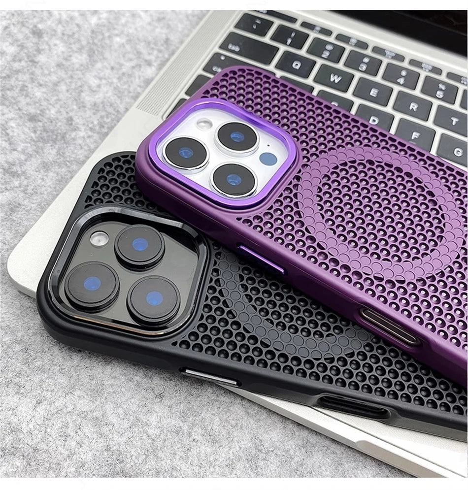 Heat Dissipation Mesh For Magsafe Magnetic Wireless Charge Case For iPhone 16 15 14 Plus 13 12 17 Pro Max Breathable Armor Cover