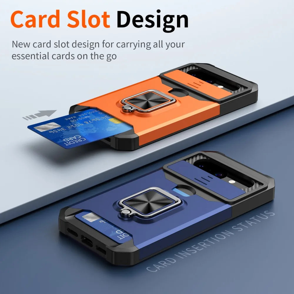 Card Slot Wallet Ring Holder Case For Google Pixel 10 9 Pro XL 8 7 6 Pro 10A 9A 7A 8A 6A Slide Camera Protect Armor Bumper Cover