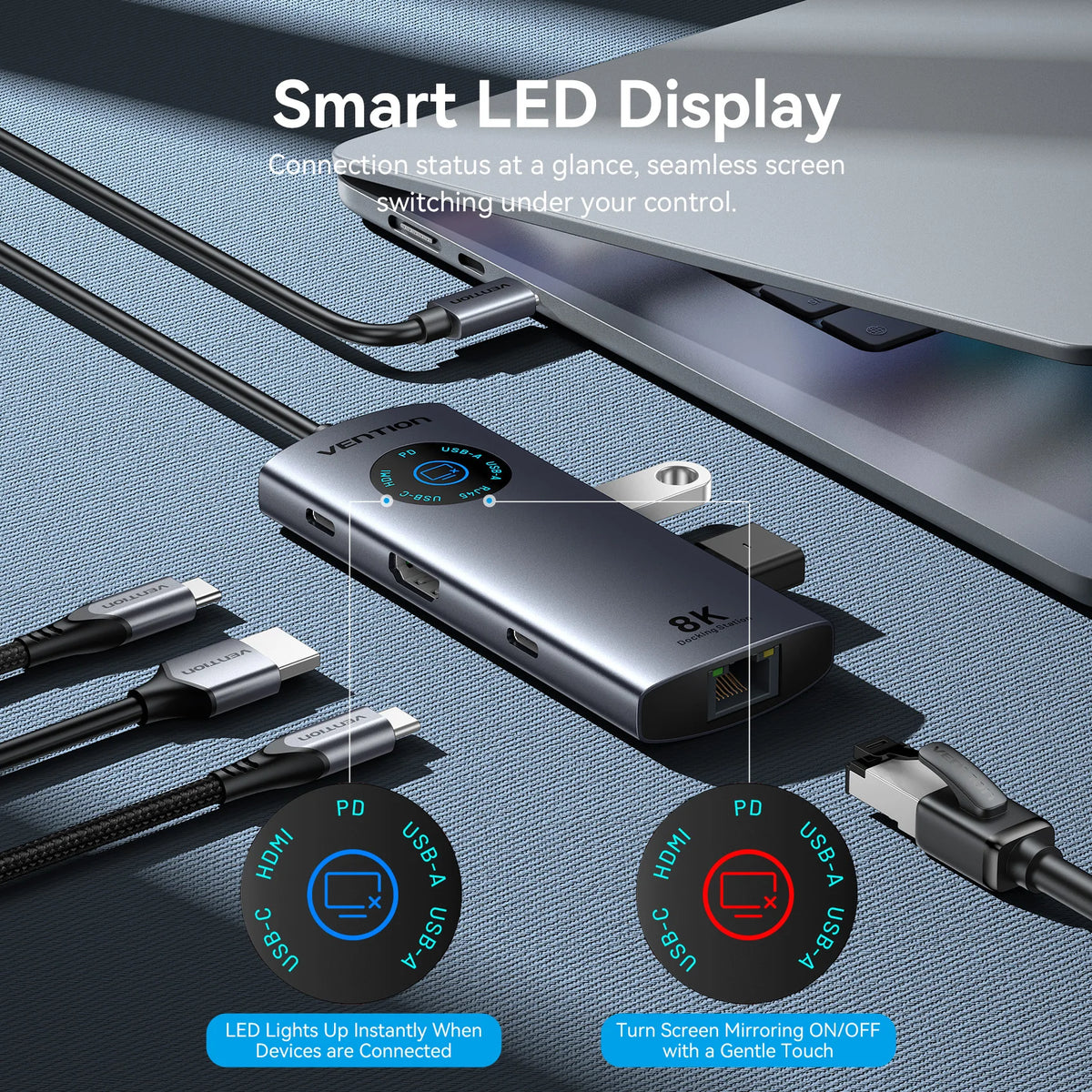 Vention USB C 8K 4K HDMI HUB Led Display USB A C 3.0 3.2 Gen1 Ethernet 1000Mbps Adapter for MacBook iPad HP Dell Samsung Laptop