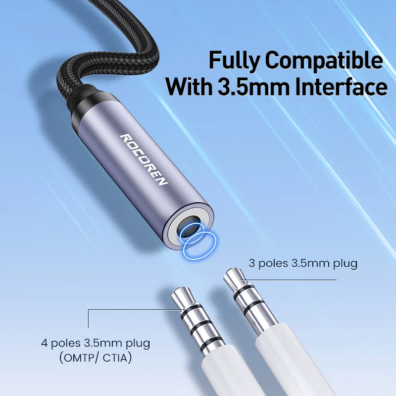 Rocoren USB Aux Audio Adapter Cable Type C To 3.5mm Headphone Cord Convert Jack Earphone For iPhone 17 Pro Huawei Sumsang Xiaomi