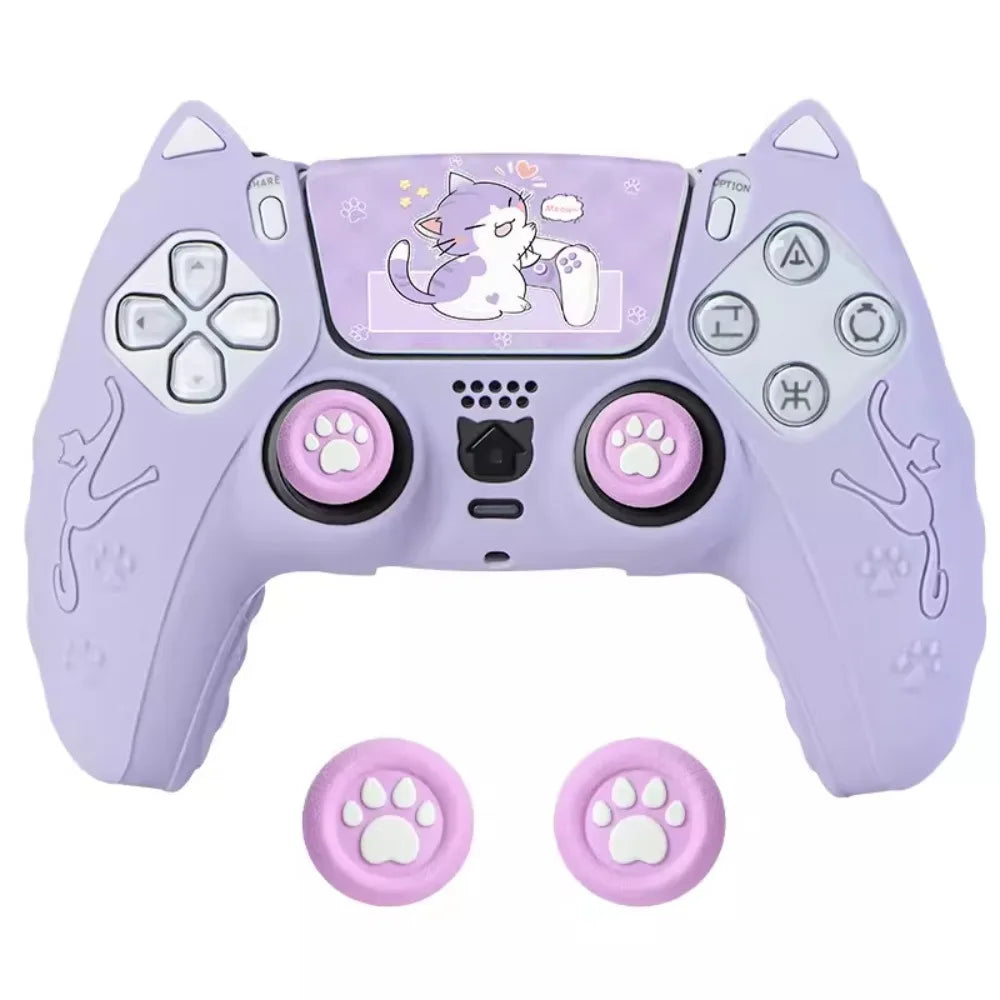 Silicone Controller Case Set Cat Paw with Sticker Controller Skin with Thumb Grip Caps Anti-slip Protective Shell Cover for PS5