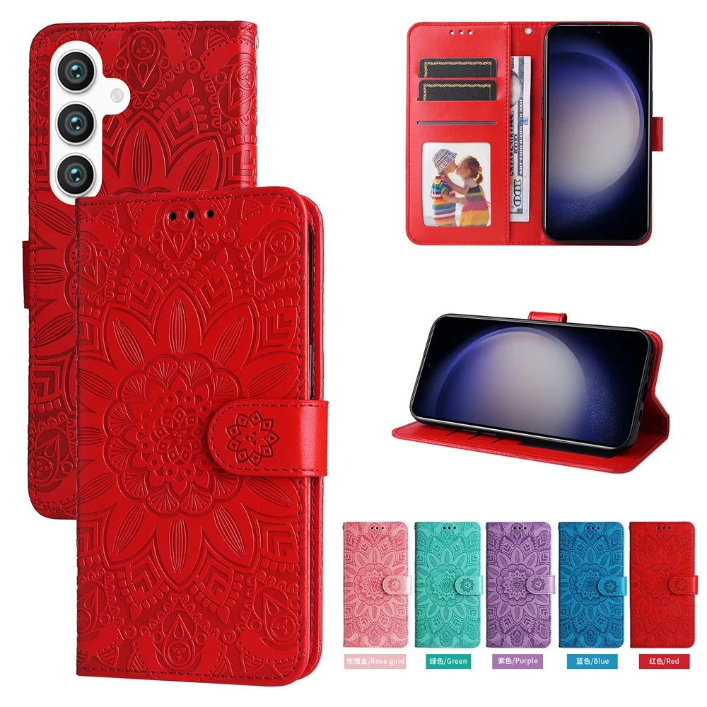 Magnetic Leather Wallet Flip Case for Samsung Galaxy S26 S25 Edge S24 S23 S22 S21 S20 S10 S10e S9 S8 Plus FE A07 Cover Sunflower