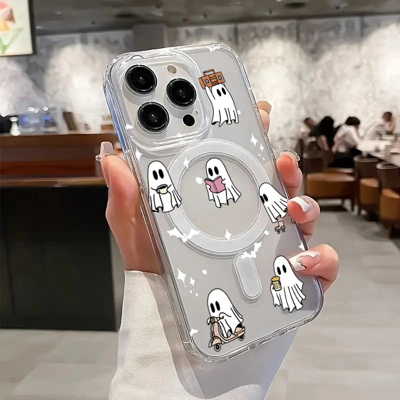 Magnetic Halloween Ghost Pattern Phone Case for iPhone 17 16 Pro Max 15 14 13 12 11 Pro 16E 17Air XR X XS 7 8 Plus Acrylic Cover