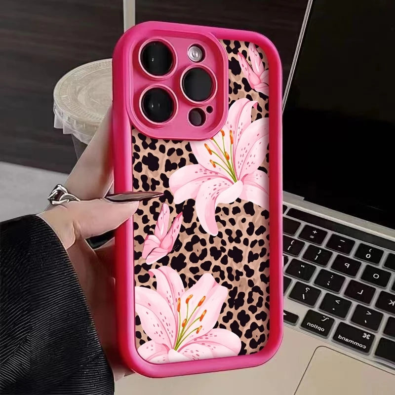 Pink Lily Flower Leopard Print Phone Case For iPhone 17 16 Pro Max 11 13 12 14 15 8 7 Plus XS XR X 16E 17E Shockproof TPU Cover