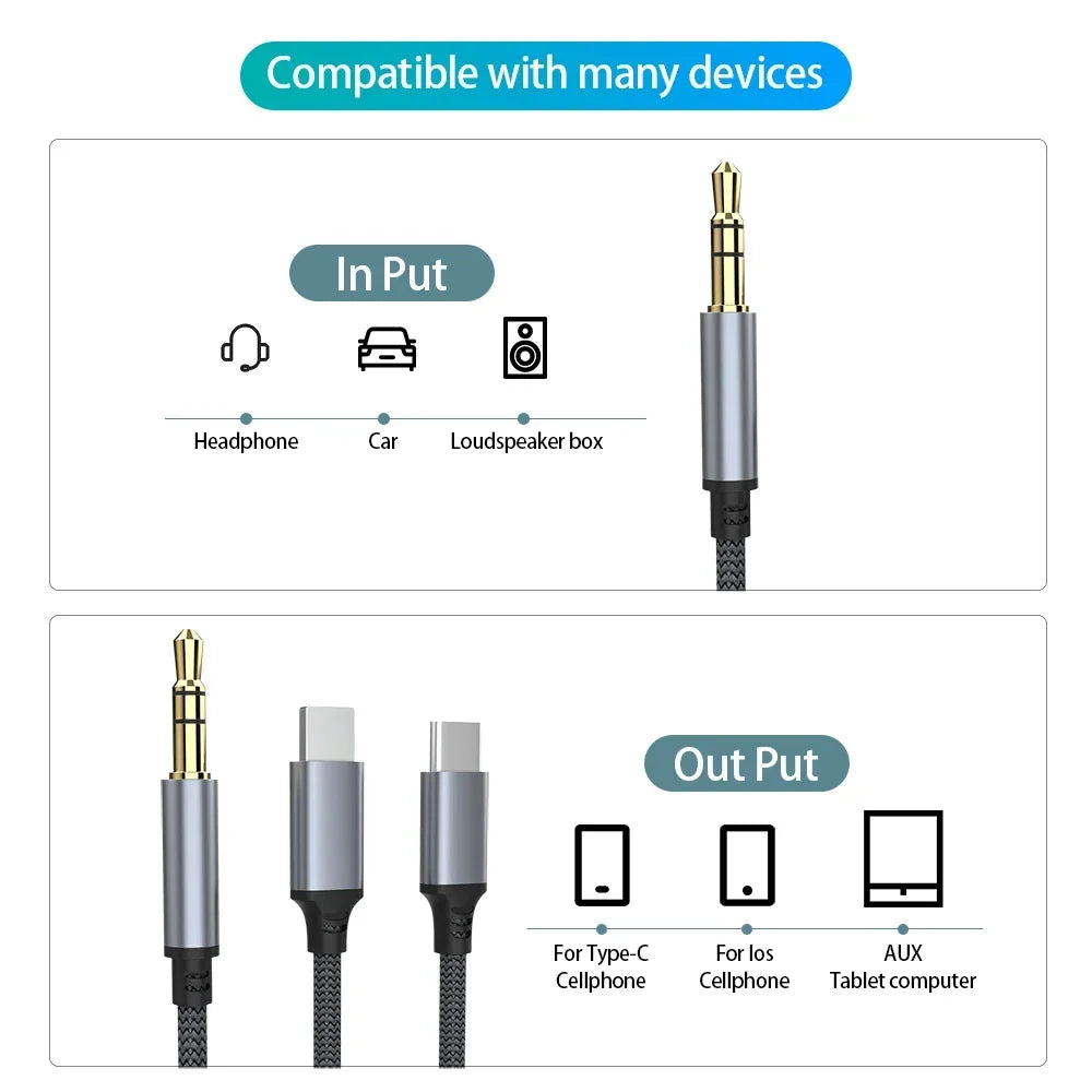 3.5mm 3 In 1 Car AUX Audio Cable Suitable for Type-c Mobile Phone Connection Cable Jack Male To Male for Smartphone