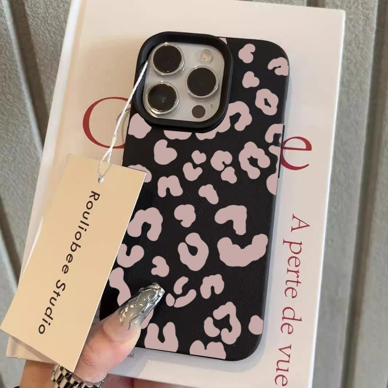 For IPhone 17 16 15 14 13 12 11 Pro Max Case Pink Leopard Print Lichee Pattern Silicone Cover for IPhone XS X XR 16 Plus Fundas